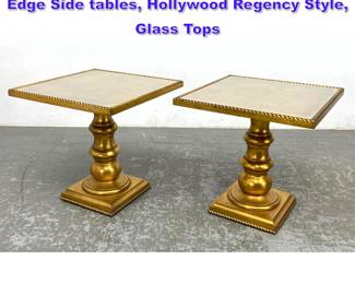 Lot 898 Pair Gold Giltwood Pedestal Rope Edge Side tables, Hollywood Regency Style, Glass Tops