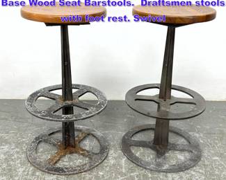 Lot 732 Pair Industrial Style Heavy Iron Base Wood Seat Barstools. Draftsmen stools with foot rest. Swivel