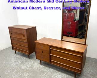 Lot 785 3pcs Bassett Bedroom Set. American Modern Mid Century Modern Walnut Chest, Dresser, and Mirror