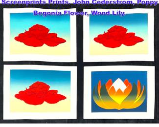 Lot 894 4pcs Mid Century Modern Screenprints Prints. John Cederstrom, Poppy Begonia Flower, Wood Lily.