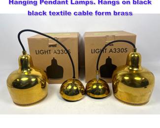 Lot 840 Pr ARTEK Brass Shade Modernist Hanging Pendant Lamps. Hangs on black black textile cable form brass 
