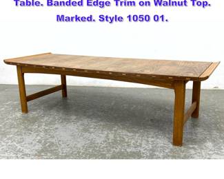 Lot 697 LANE Modernist Mid Century Coffee Table. Banded Edge Trim on Walnut Top. Marked. Style 1050 01.