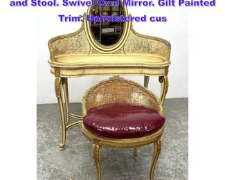 Lot 653 2pc Louis XVI style Painted Vanity and Stool. Swivel Oval Mirror. Gilt Painted Trim. Upholstered cus