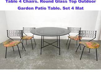 Lot 967 5pc ARTHUR UMANOFF Iron Dining Table 4 Chairs. Round Glass Top Outdoor Garden Patio Table. Set 4 Mat