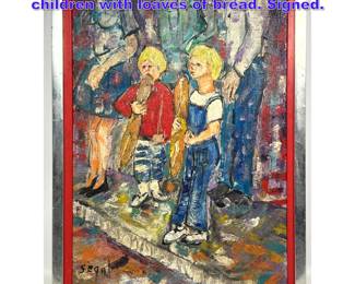 Lot 1146 Signed SEGAL Painting. Two blond children with loaves of bread. Signed.