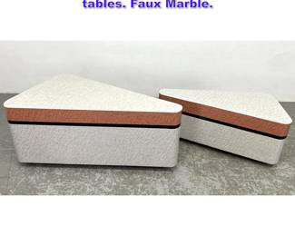 Lot 1062 2pc Laminate 80 style triangle tables. Faux Marble.