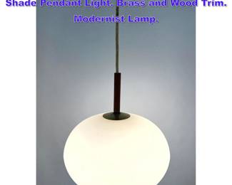 Lot 841 Mid Century Modern Glass Ball Shade Pendant Light. Brass and Wood Trim. Modernist Lamp. 