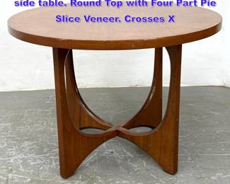Lot 747 Broyhill Brasilia walnut Modernist side table. Round Top with Four Part Pie Slice Veneer. Crosses X 