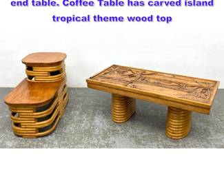 Lot 641 Paul Frankyl tiki style coffee and end table. Coffee Table has carved island tropical theme wood top