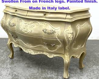 Lot 655 French style Painted Bombe Chest. Swollen From on French legs. Painted finish. Made in Italy label.