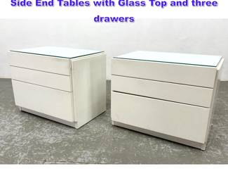 Lot 937 Pair Lane Furniture White Lacquered Side End Tables with Glass Top and three drawers