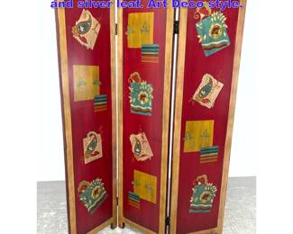 Lot 1026 Handpainted folding screen. Gold and silver leaf. Art Deco style.