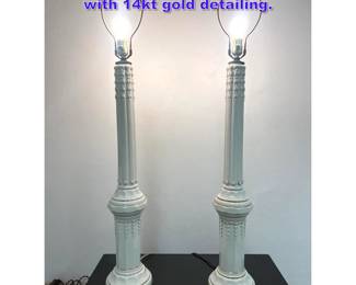 Lot 770 Pair of 1940s white porcelain lamps with 14kt gold detailing. 