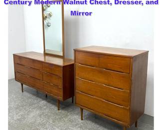 Lot 781 3pc Bedroom Set. American Mid Century Modern Walnut Chest, Dresser, and Mirror