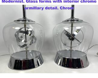 Lot 757 Pr Glass Urn Chrome Table Lamps. Modernist. Glass forms with interior chrome armillary detail. Chrom