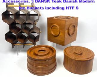 Lot 619 4pc Mid Century Scandinavian Bar Accessories. 3 DANSK Teak Danish Modern Ice Buckets including HTF S