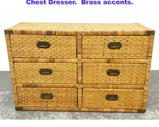 Lot 1001 Campaign Style Wicker Rattan Low Chest Dresser. Brass accents.