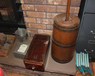 Butter churn, old wood boxes (many), metal file cabinet