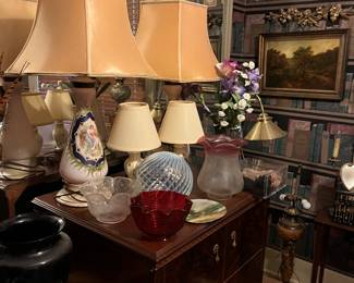 Various lamps and glass globes for banquet lamps