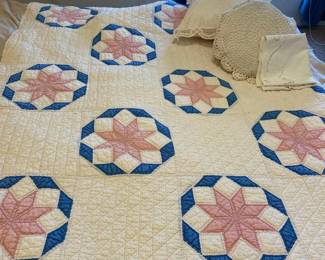 Small Handmade Quilt And Some Crochet Covered Pillows