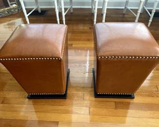 Pair of Tan Leather Safavieh Ottomans/Poufs