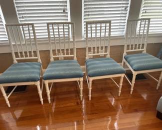 4 Faux Bamboo/Hollywood Regency Style Chairs with Blue Sunbrellas Upholstery and Glass Table