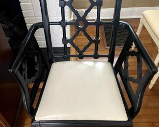 Black Chinoiserie Armchair with Beige Leather Upholstery