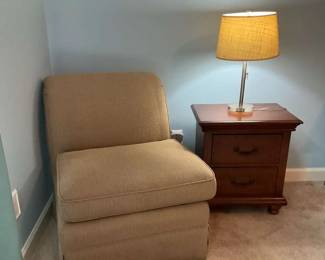 Nightstand, Chair, and Lamp