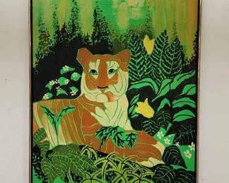 Lot # : 445 - 1977 hand painted oil on board tiger in jungle
