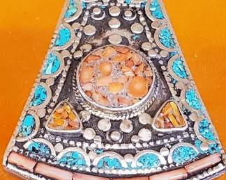 Lot # : 413 - Tibetan handmade pendant with turquoise and coral stones 
