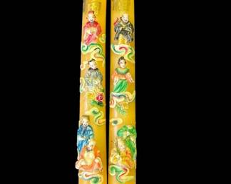 Lot # : 437 - 2 Large vintage Asian hand carved candlesticks
