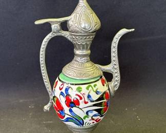 Lot # : 420 - Vintage hand-painted metal & porcelain pitcher
