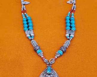 Lot #: 412 - Tibetan handmade necklace with turquoise and coral stones. 
