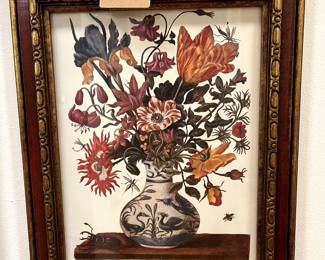 Lovely vintage moody floral lithograph in wooden frame -