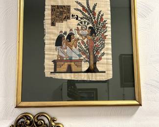 vintage egyptian revival framed papyrus hand painted 1970s key wall art
