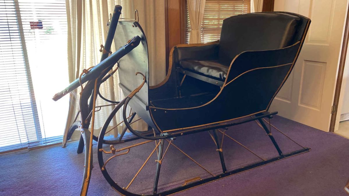 Vintage Reproduction Painted Wood Leather Seat Sleigh 