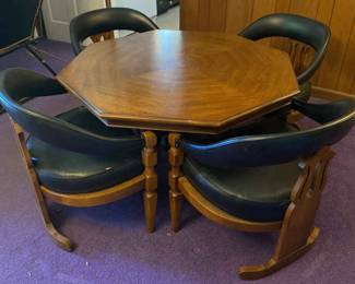 Vintage Card Dining Table Barrel Back Leather Chairs 