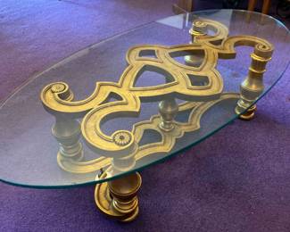 Vintage 80s Ornate Golden Color Wood Base  Glass Top Coffee Table