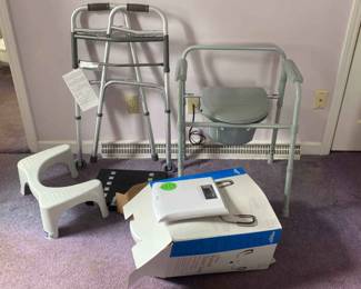 Assorted Medical Equipment Pieces Walker, Scales, Shower Aid  Other