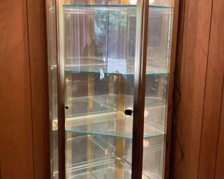Vintage 80s Gold  Glass Lighted Curio Corner Cabinet Piece 