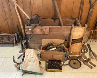 Mystery Lot Assorted Vintage Antique Tools  Scythe, Mower, Kraut Cutter  More 