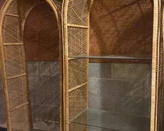 Vintage 70s Set Of Two Boho Wicker Glass Shelf Units 