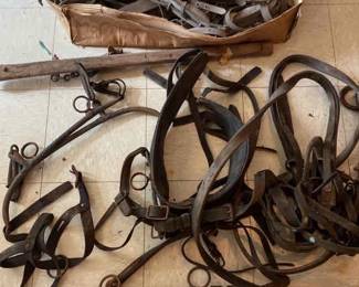 Mystery Lot Vintage Leather Wood Metal Sleigh And Horse Straps Hardware 