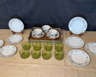 Mid Century Serving Tray plus Dishes and Green Glasses