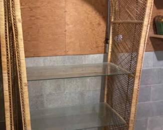 Vintage 70s Set Of Three Boho Wicker  Glass Storage Shelf Units 