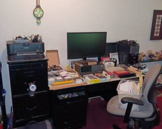 Several Metal Filing Cabinets For Sale Here and Items from the Office Including 2 Desktop Computer Systems (HP and Lenovo). Tons of Pads of Paper too!
