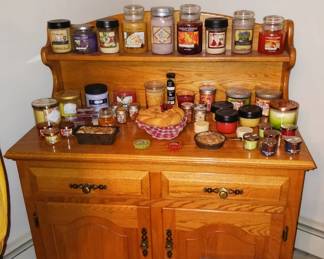 Amish Made Oak Hutch With Wide Variety of Candles Including Bath and Body Works!