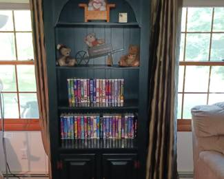 Dark Green Wooden Bookcase, Boyds Bears and Disney VHS Tapes!