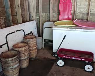Wooden Bushel Baskets and Red Wagon!