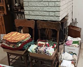 2 Antique Highback Chairs and Kitchen Linens!